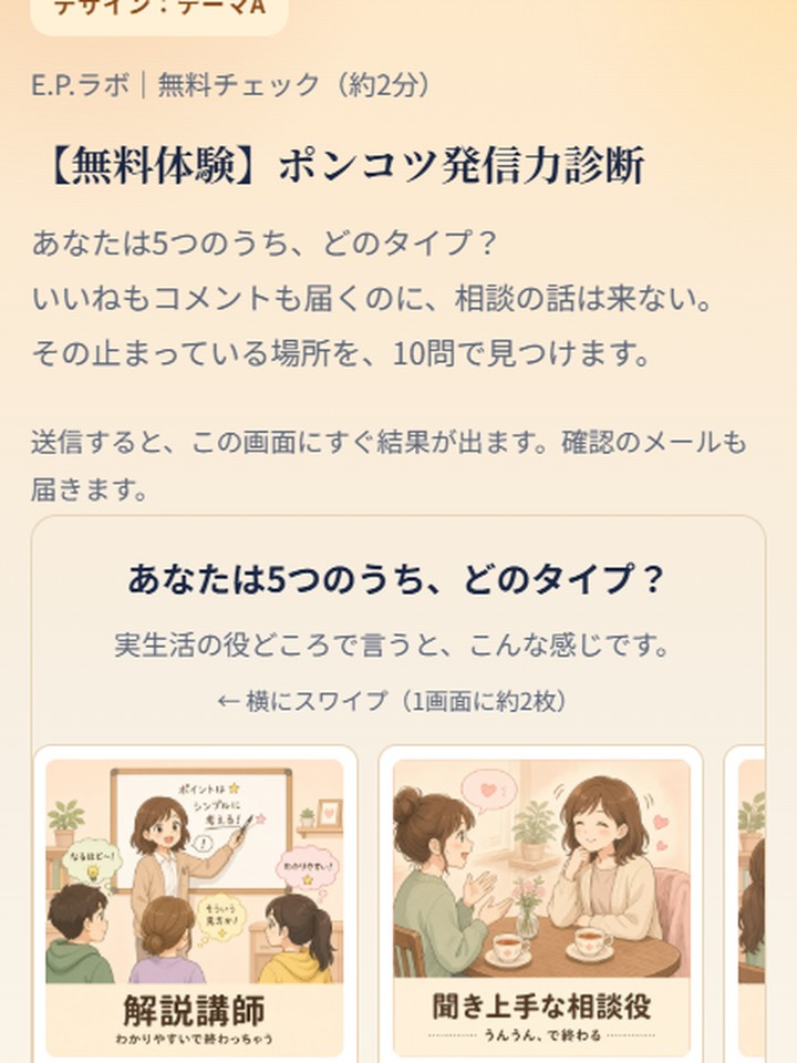 診断ページの見本（質問とタイプ紹介の画面）