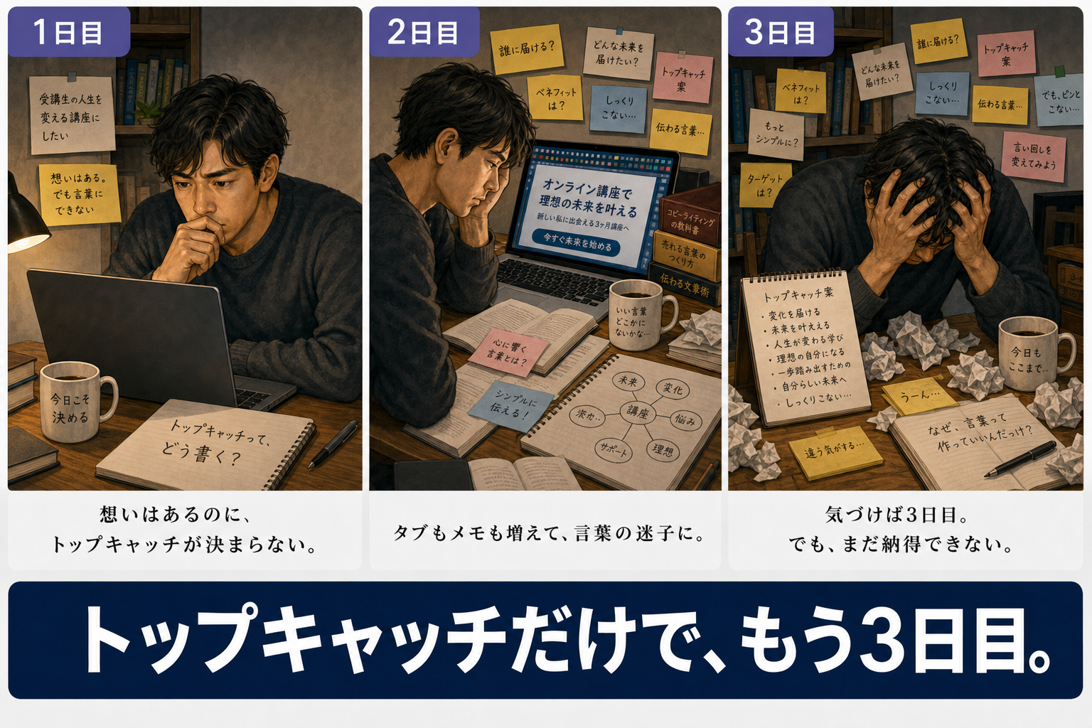 トップキャッチが決まらず悩む講師のイラスト（共感のため誇張した表現）