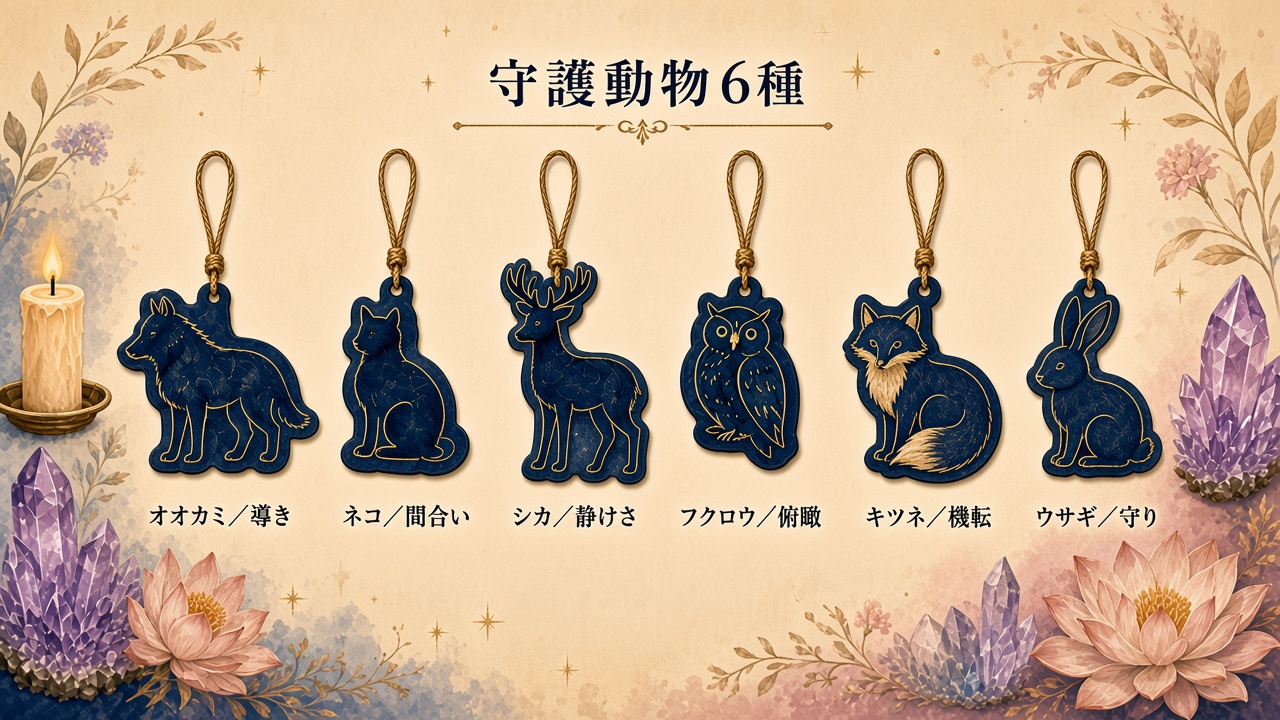 守護動物6種のモチーフ（キーホルダー風）